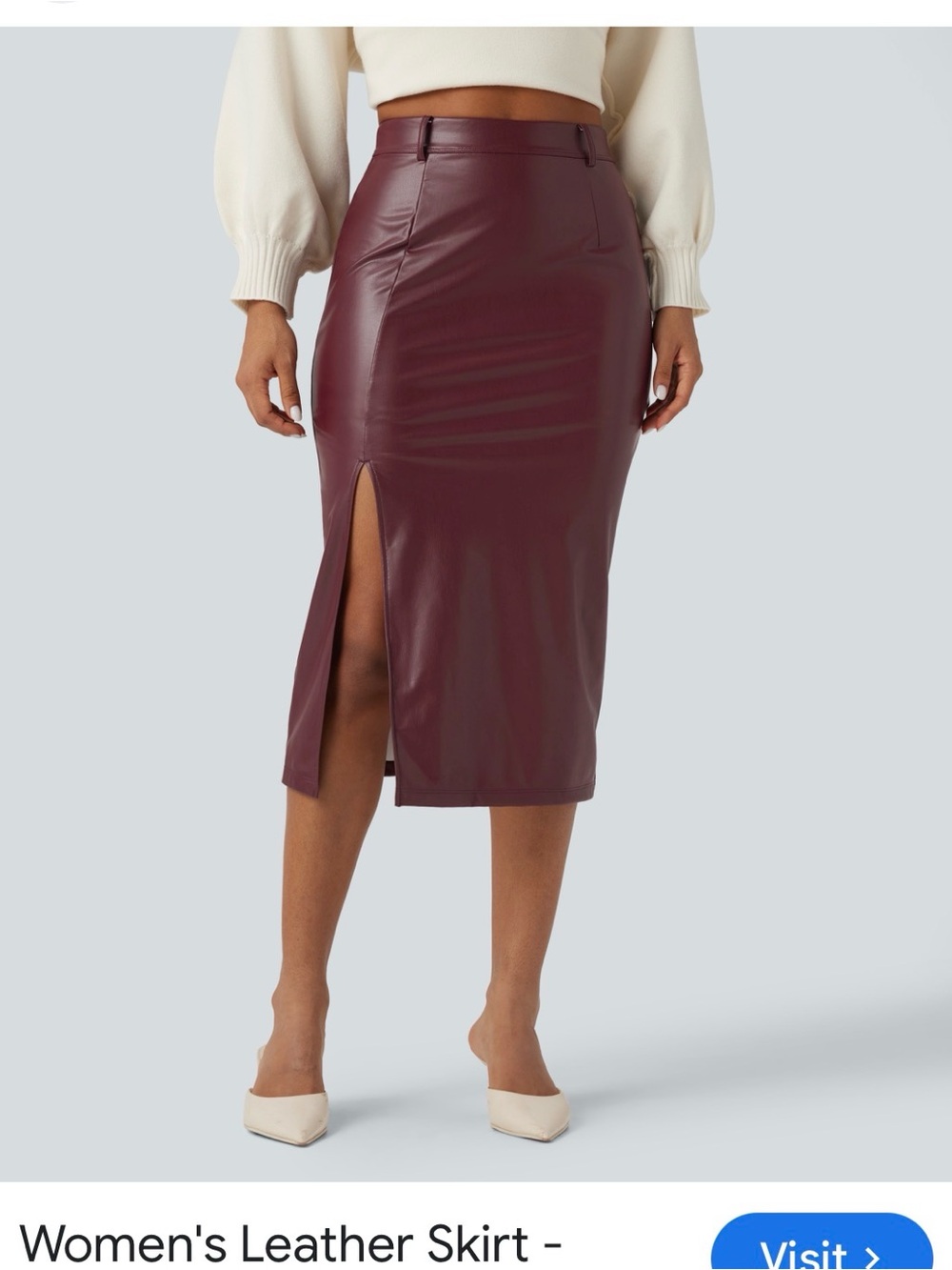 HALARA Burgundy Faux Leather Midi Skirt with Front Slit